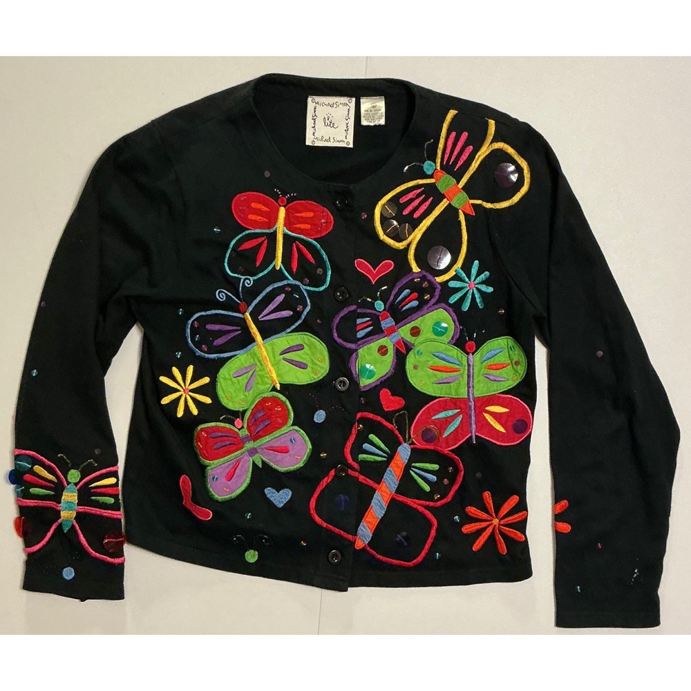 VTG Michael Simon Lite Cardigan Butterfly Embroidered Knit Women Small‎ Black